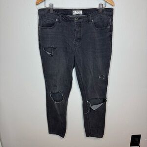 Free People Fishnet Patch Skinny Jean Button Fly Washed Out Black Womens 30